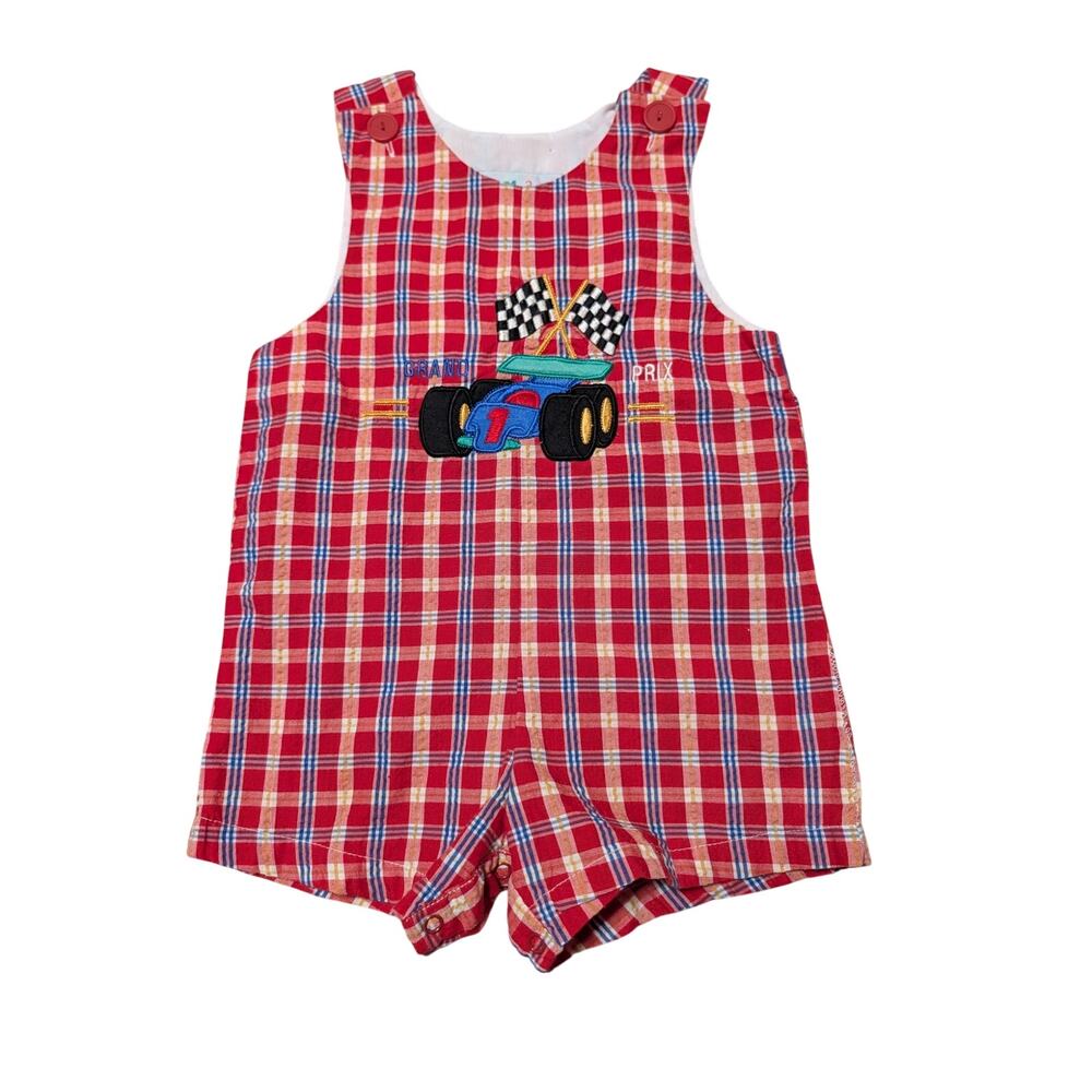 Samara Boys Plaid Race Car Checkered Flag Shortall Romper 2T Red Overalls Outfit